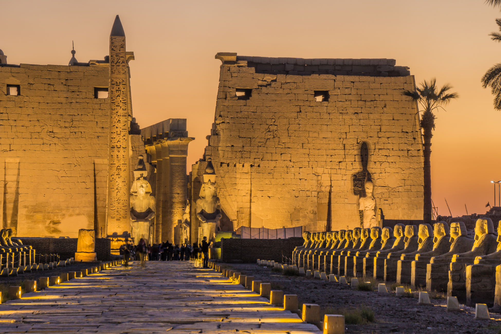 Illuminated entrance avenue at Luxor Temple in the evening