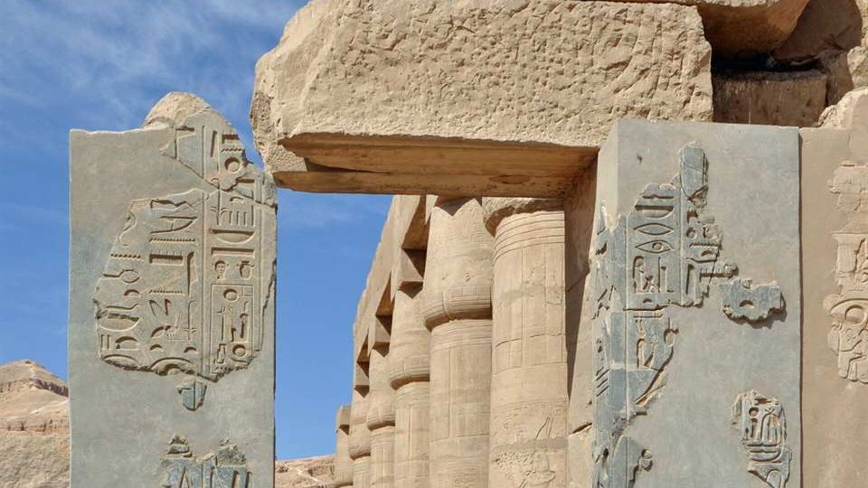 Ramesseum stone reliefs and columns on Luxor's West Bank