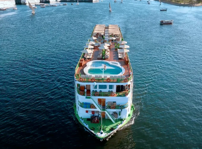 Aerial view of Ultra Deluxe M/S Esmeralda sailing on the Nile