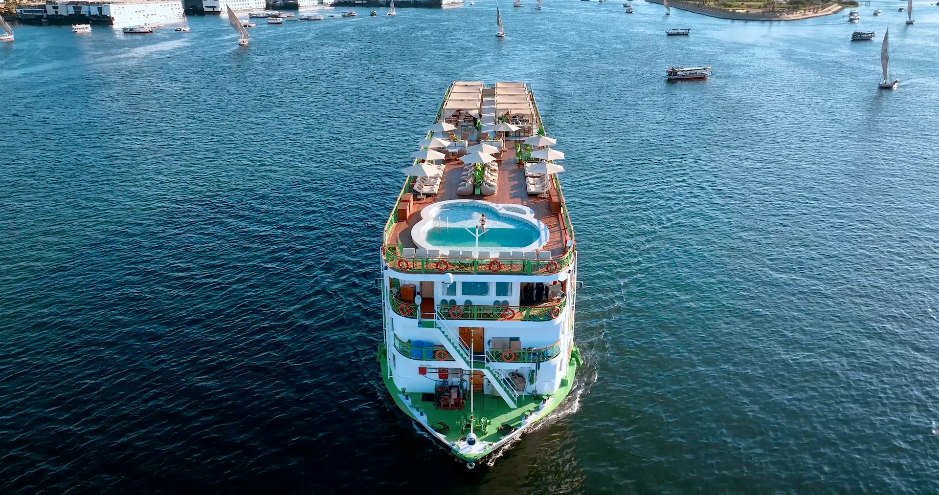 Aerial view of M/S Esmeralda Nile cruise ship