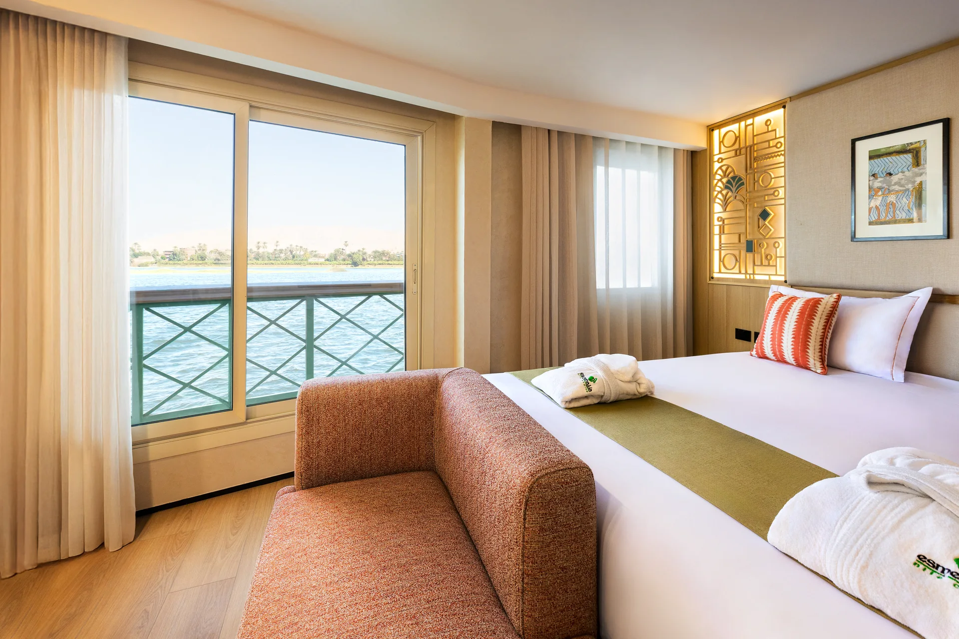Cabin with river view aboard M/S Esmeralda Nile Cruise