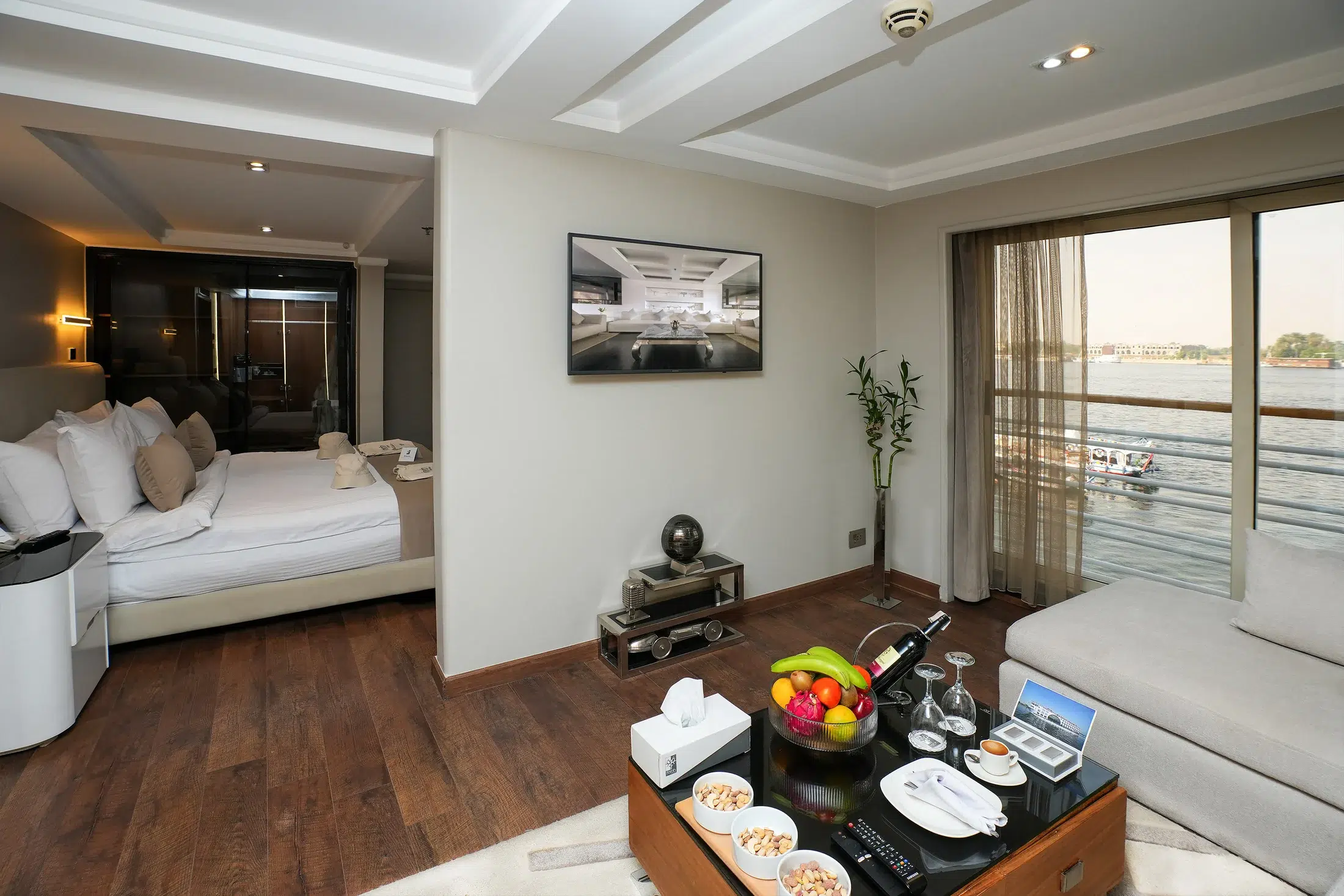 Wheel-deck suite living area aboard Farah Nile Cruise