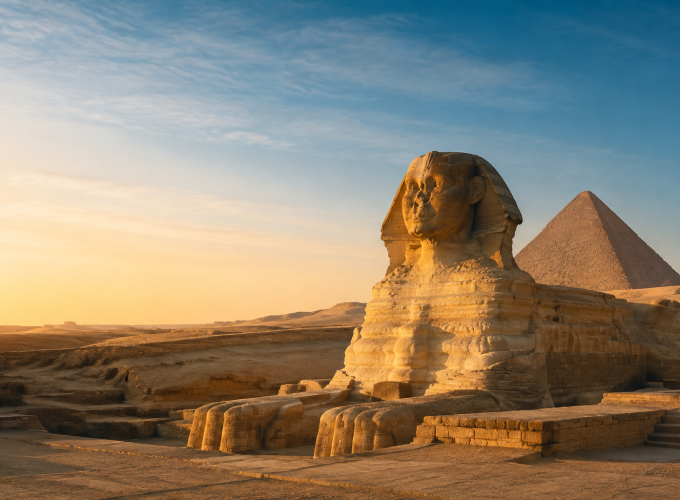 Great Sphinx and Giza Pyramid at sunrise on a private Cairo and Alexandria short break