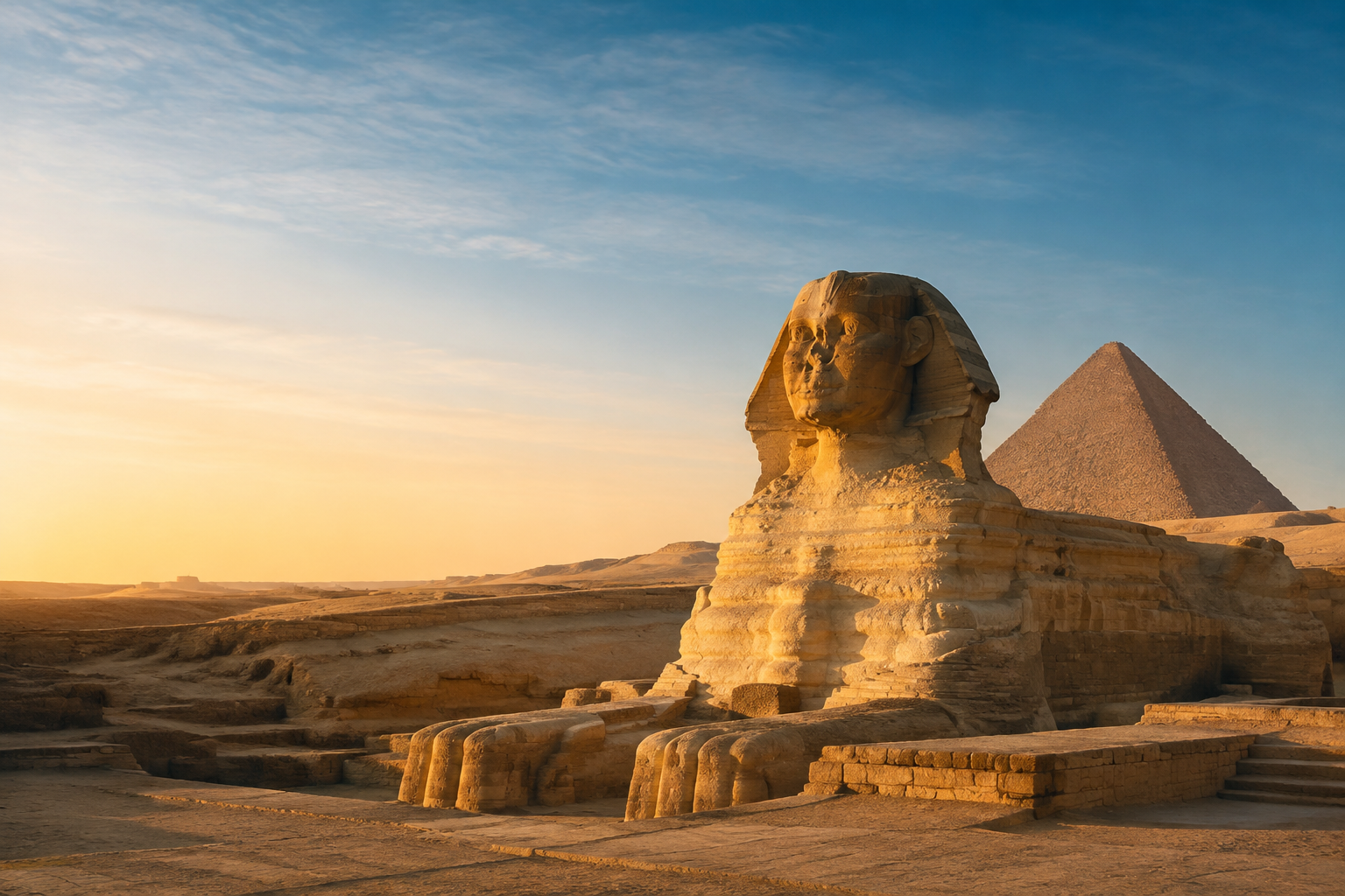 Great Sphinx and Giza Pyramid at sunrise on a private Cairo and Alexandria short break