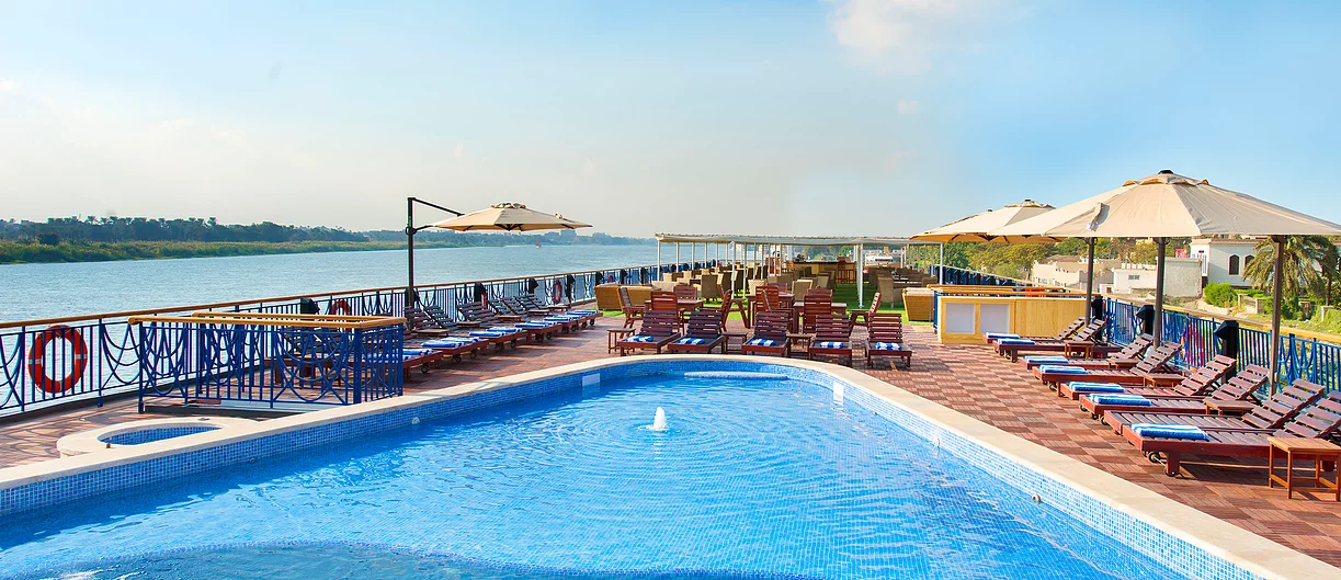 Pool and sun deck aboard Amwaj Living Stone Nile Cruise