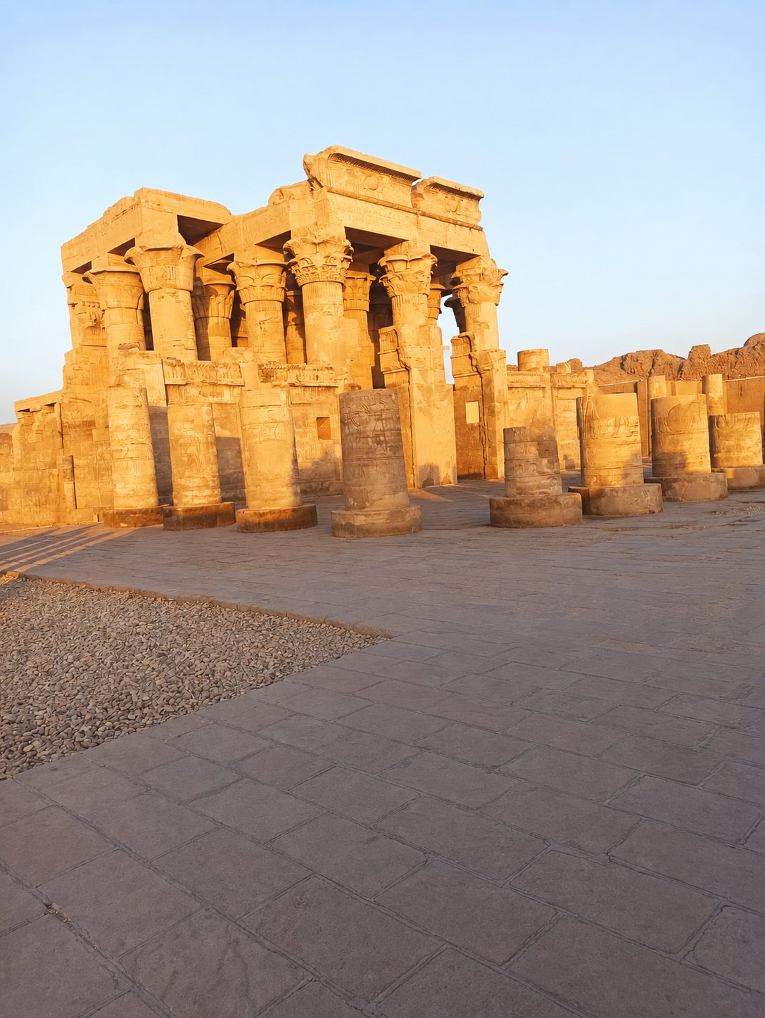Golden-hour view of Kom Ombo Temple during the northbound Nile cruise