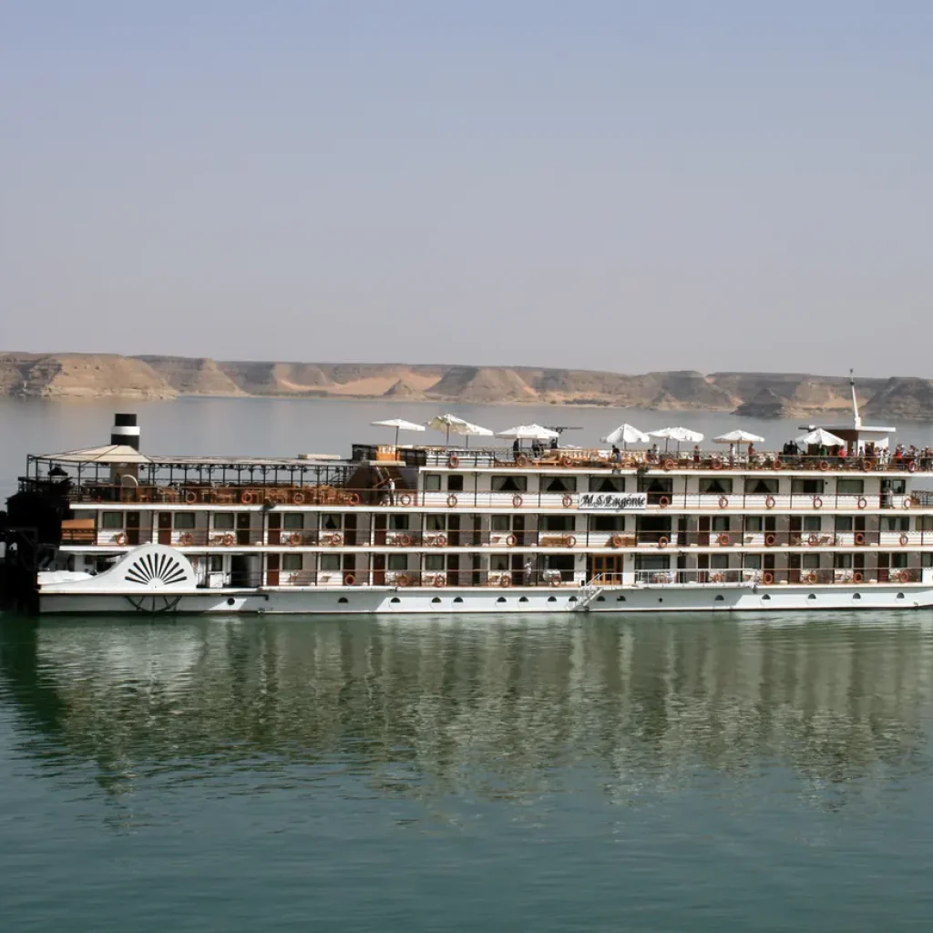 Representative cruise ship and Lake Nasser scenery near Abu Simbel