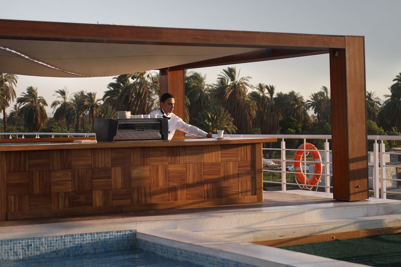 Bar and seating on the sundeck of Le Fayan Nile Cruise