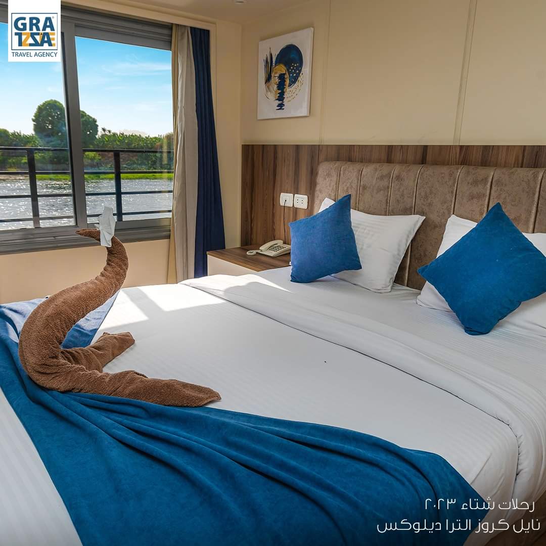 Guest cabin with Nile view aboard the Royal Beau Rivage cruise vessel